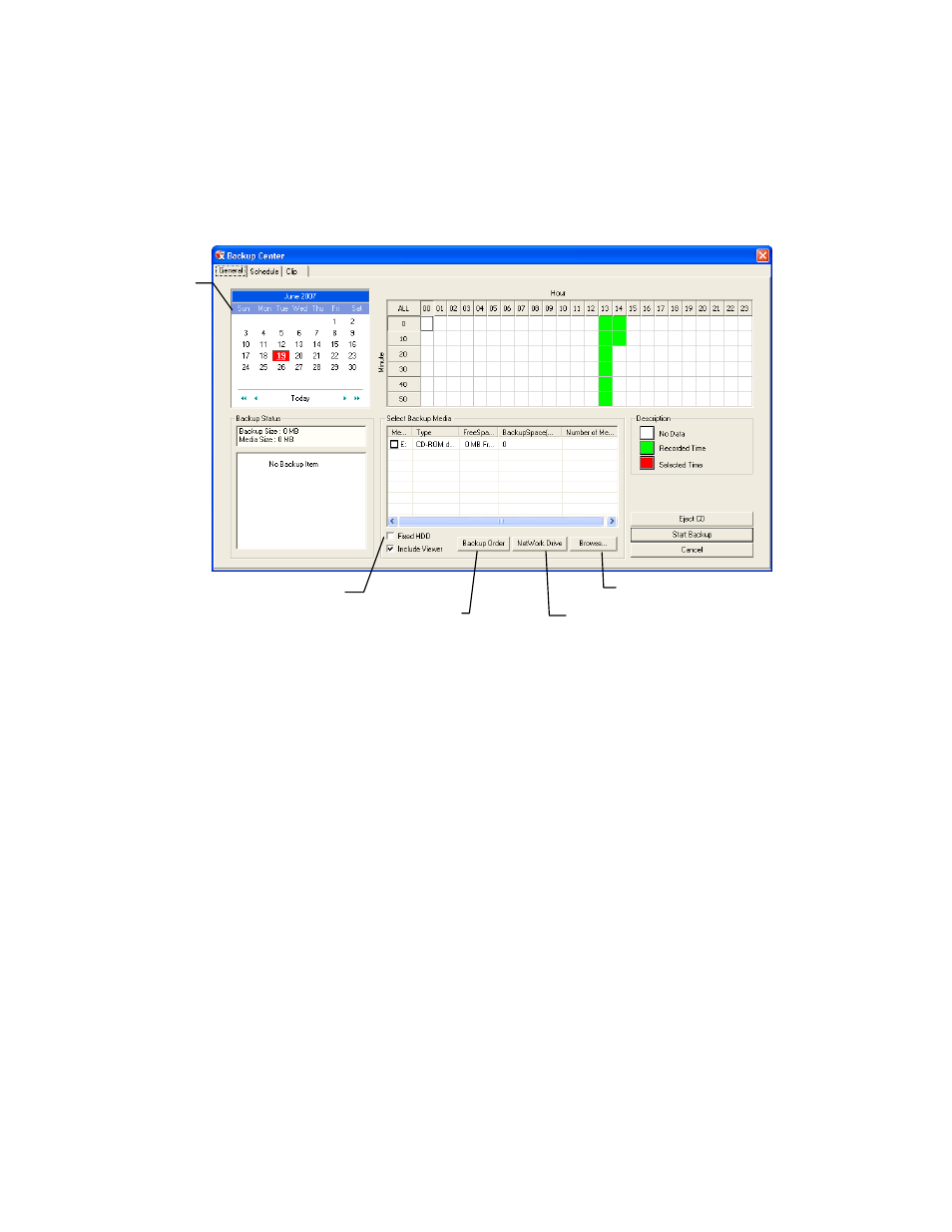 General backup screen, Performing a general backup | Toshiba SURVEILLIX 27829AF User Manual | Page 77 / 105