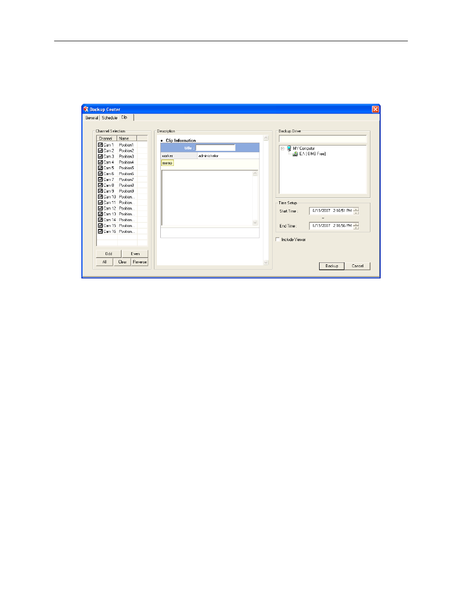 Clip backup screen, Performing a clip backup | Toshiba SURVEILLIX 27829AF User Manual | Page 78 / 105