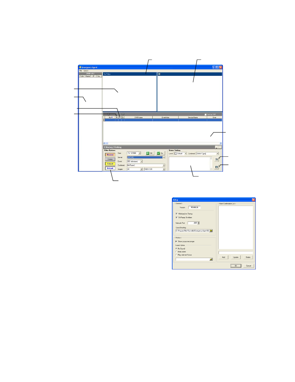 Emergency agent window, Setup window, Filter event list | Toshiba SURVEILLIX 27829AF User Manual | Page 95 / 105