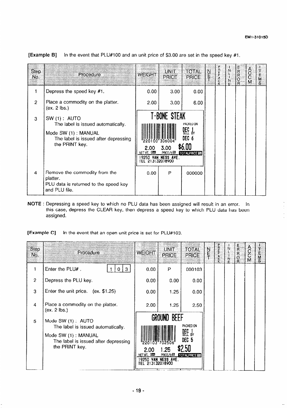 T-bone steak, Ground beef, Dec 6 | Dec s, Step ho. procedure, Weight, Price, Total price, Step no, Procedure | Toshiba TEC EMl-31015D User Manual | Page 22 / 79