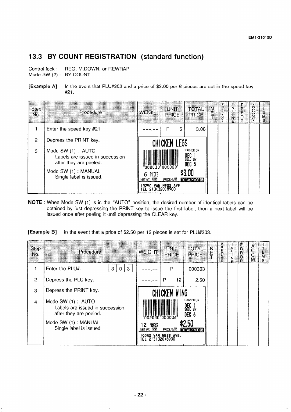 3 by count registration (standard function), Chicken legs, Chicken king | Dec 1, Dec 5, Dec 6, Step no, Weight, Procedure, Price | Toshiba TEC EMl-31015D User Manual | Page 25 / 79