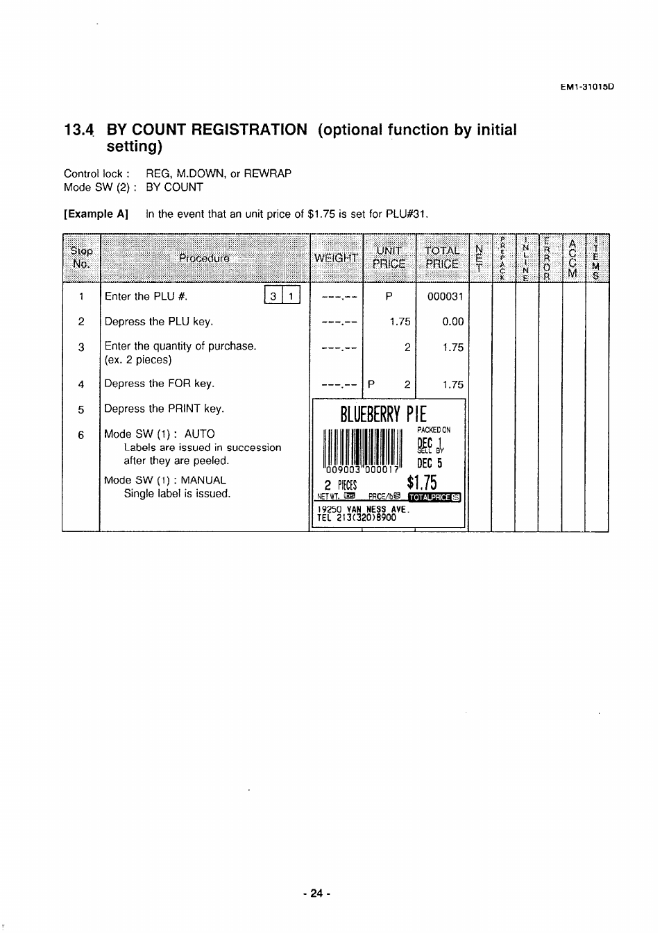 Blueberry pie, 2 pits $1.75, Step no. ptoceduio | Unit pricé total price n | Toshiba TEC EMl-31015D User Manual | Page 27 / 79