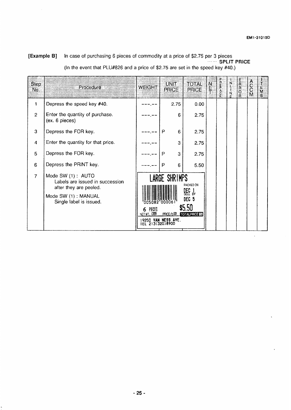 Split price, Pitcfs, Large shrihps | Dec 5, Step mo, Ptoc‘>duio, Weigfit unit price, Price | Toshiba TEC EMl-31015D User Manual | Page 28 / 79