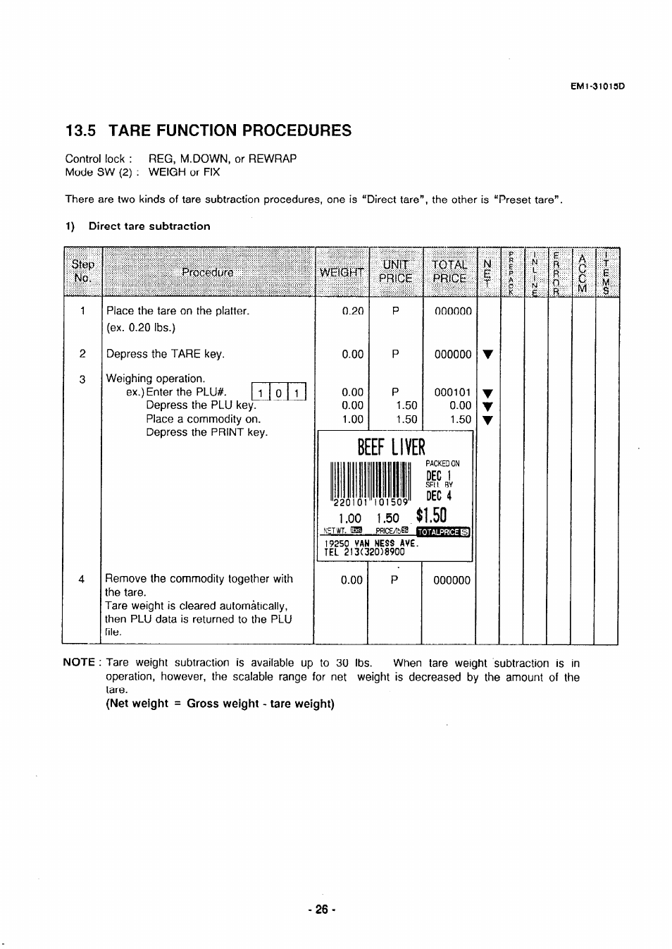 5 tare function procedures, 1) direct tare subtraction, Beef liver | Mill, Dec 1, Dec 4, Step | Toshiba TEC EMl-31015D User Manual | Page 29 / 79