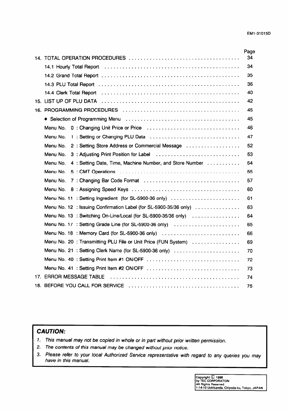Caution | Toshiba TEC EMl-31015D User Manual | Page 3 / 79