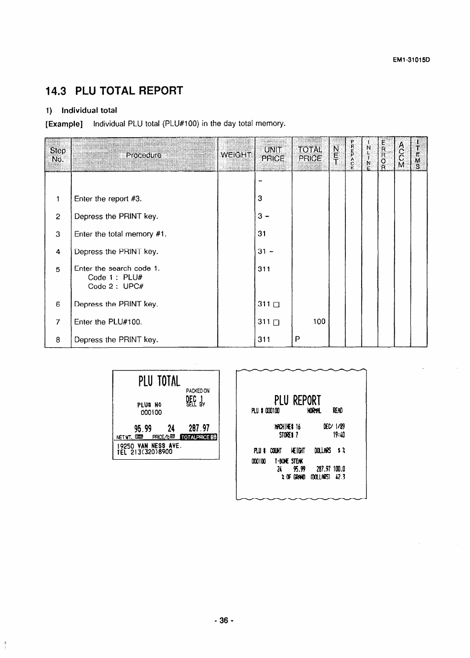 1) individual total, 3 plu total report, Stop | Toshiba TEC EMl-31015D User Manual | Page 39 / 79