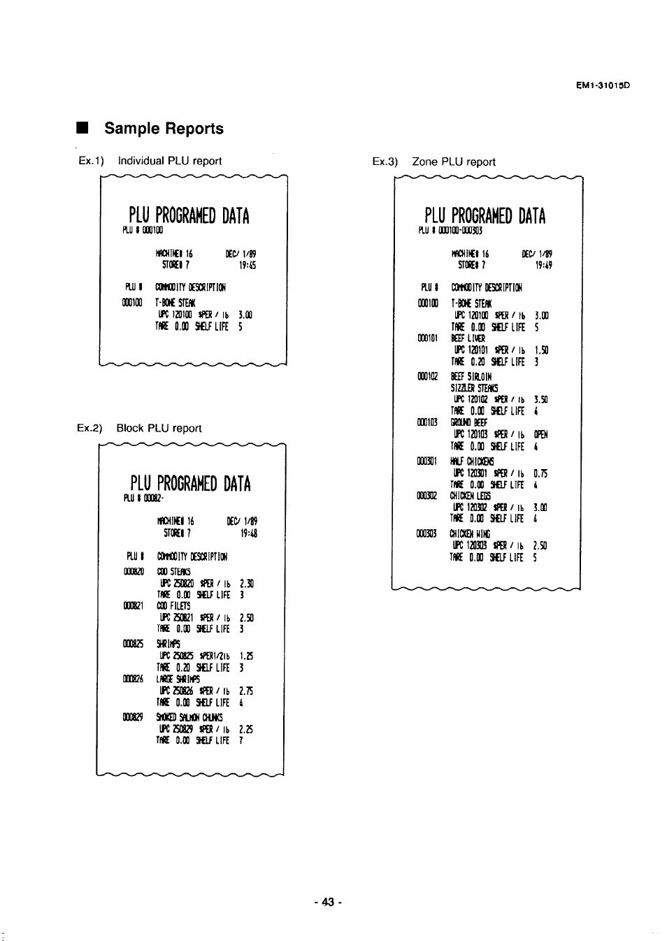 Sample reports, Plu prograffid data, Plu prograhed data | Toshiba TEC EMl-31015D User Manual | Page 46 / 79