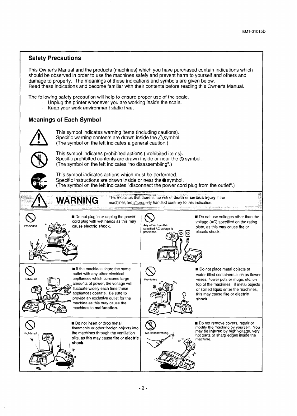 Warning, Safety precautions, Meanings of each symbol | Toshiba TEC EMl-31015D User Manual | Page 5 / 79