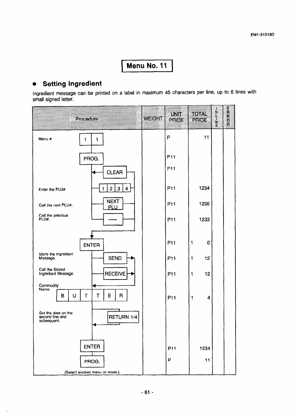 Menu no. 11, Setting ingredient, Menu no. 11 • setting ingredient | Toshiba TEC EMl-31015D User Manual | Page 64 / 79