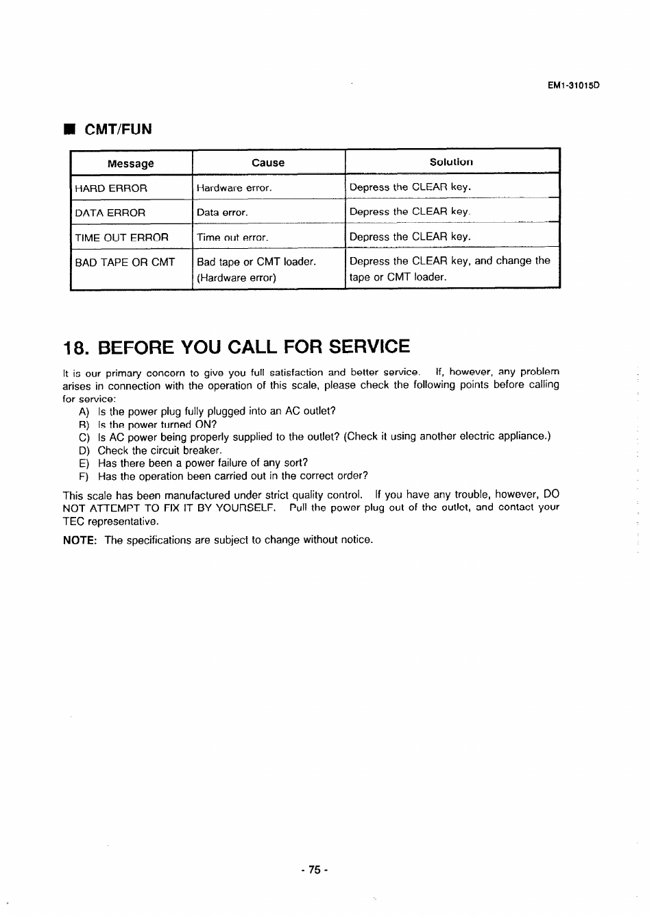 Cmt/fun, Before you call for service | Toshiba TEC EMl-31015D User Manual | Page 78 / 79