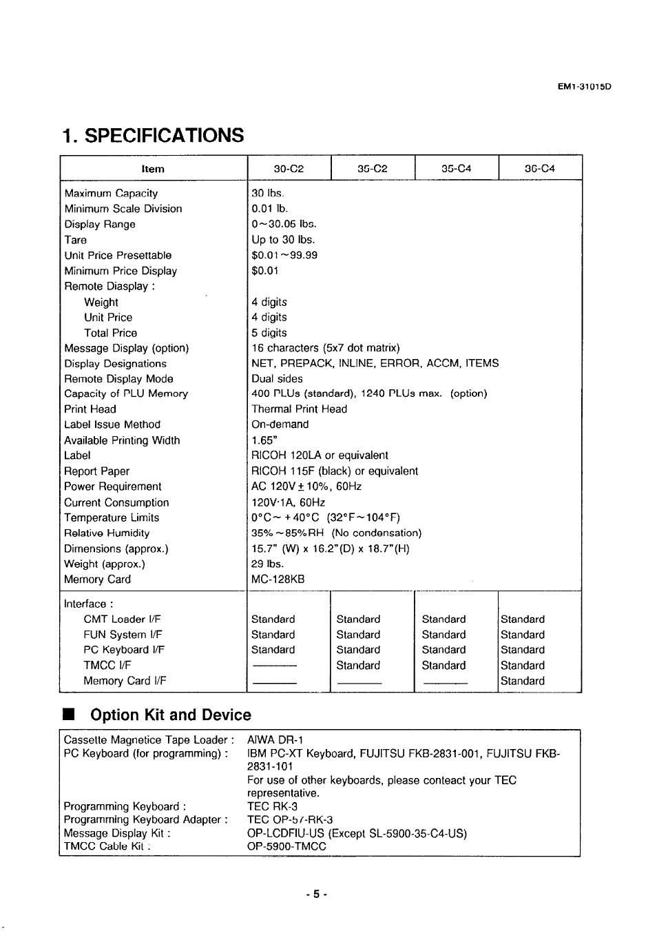 Item, Option kit and device, Specifications | Toshiba TEC EMl-31015D User Manual | Page 8 / 79