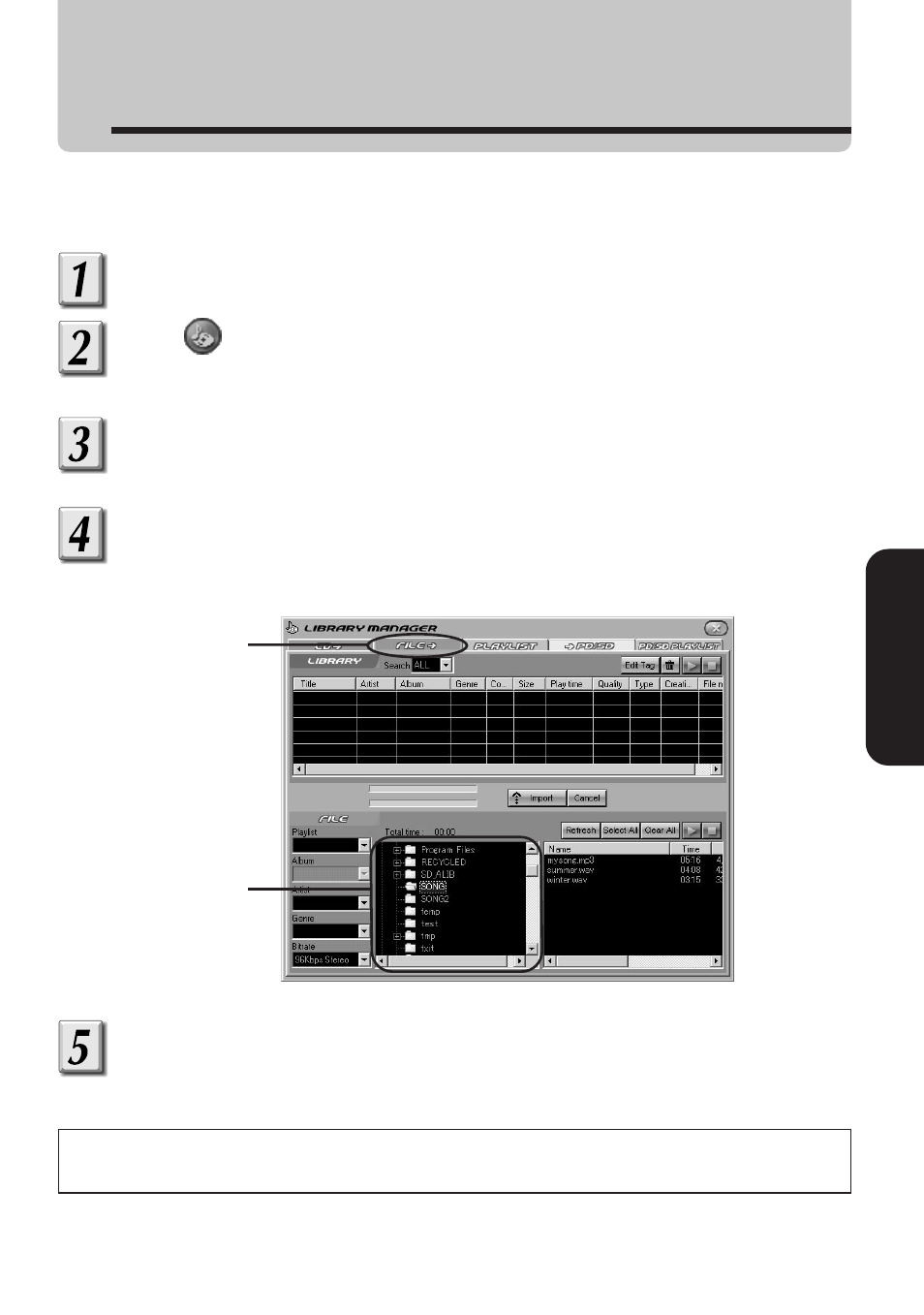 Importing audio files | Toshiba MEA210 User Manual | Page 25 / 48