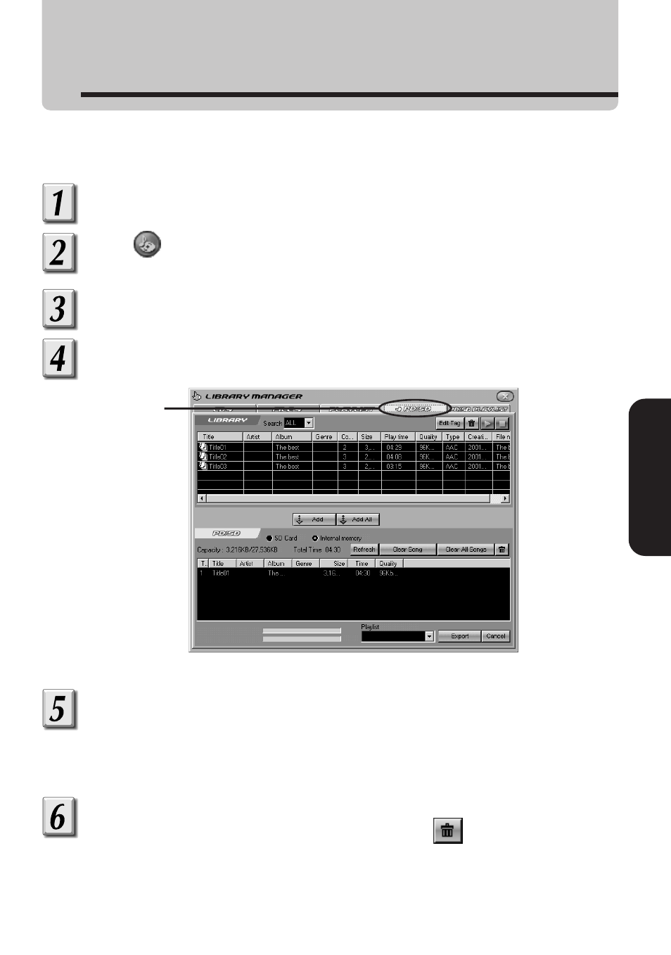 Deleting audio data from the player | Toshiba MEA210 User Manual | Page 29 / 48