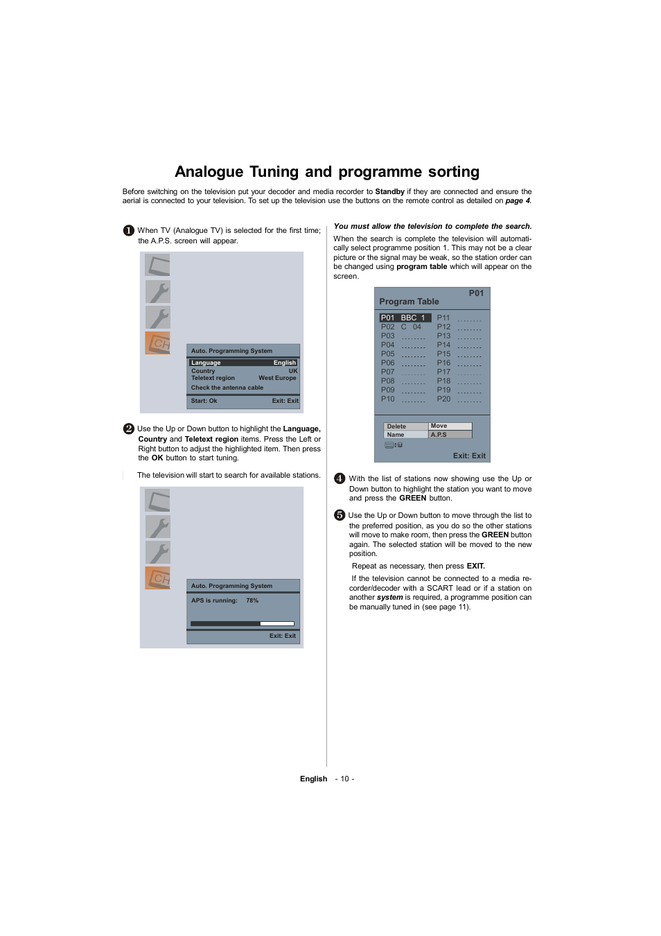 Analogue tuning and programme sorting | Toshiba 19W330DB User Manual | Page 11 / 35