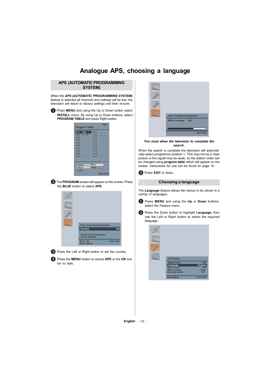 Analogue aps, choosing a language, Aps (automatic programming system), Choosing a language | Toshiba 19W330DB User Manual | Page 13 / 35