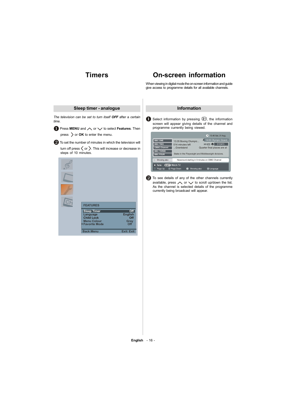 Timers on-screen information, Sleep timer - analogue, Information | Toshiba 19W330DB User Manual | Page 17 / 35