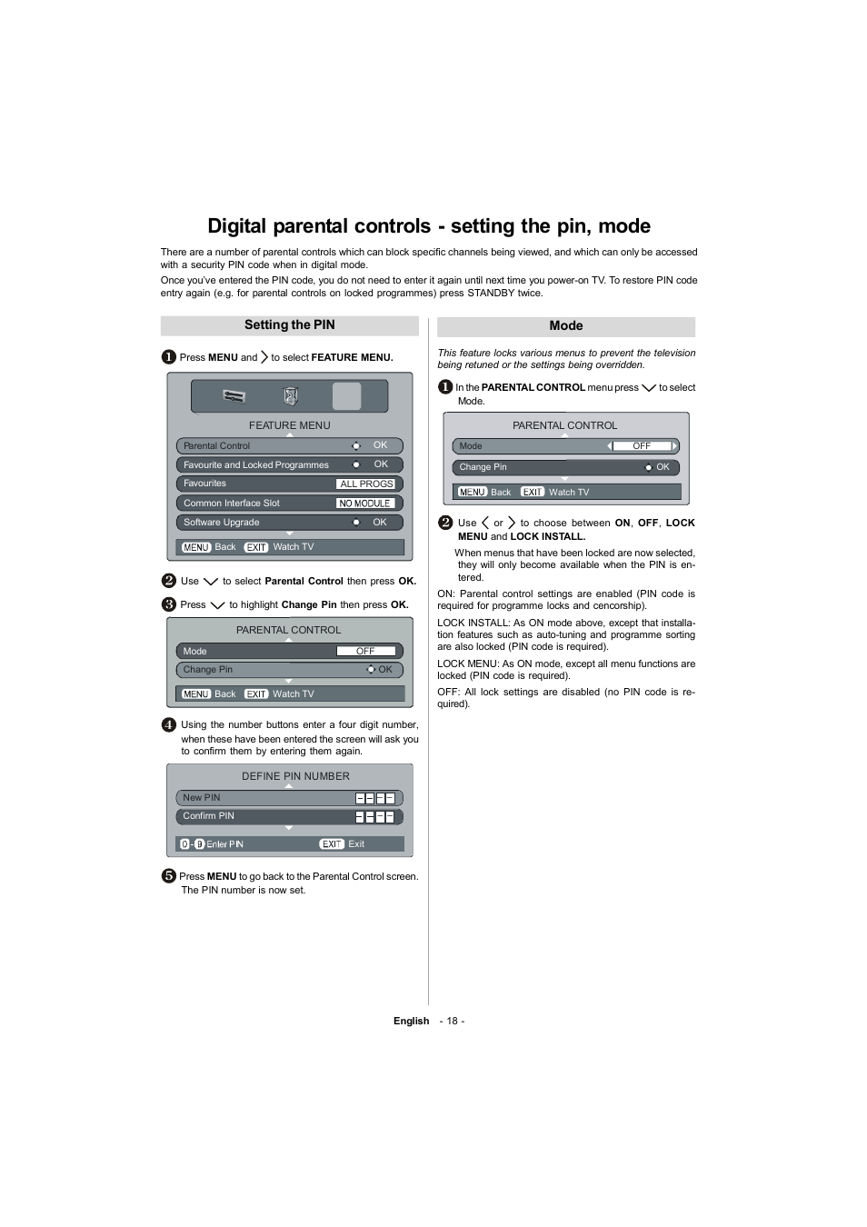 Digital parental controls - setting the pin, mode | Toshiba 19W330DB User Manual | Page 19 / 35