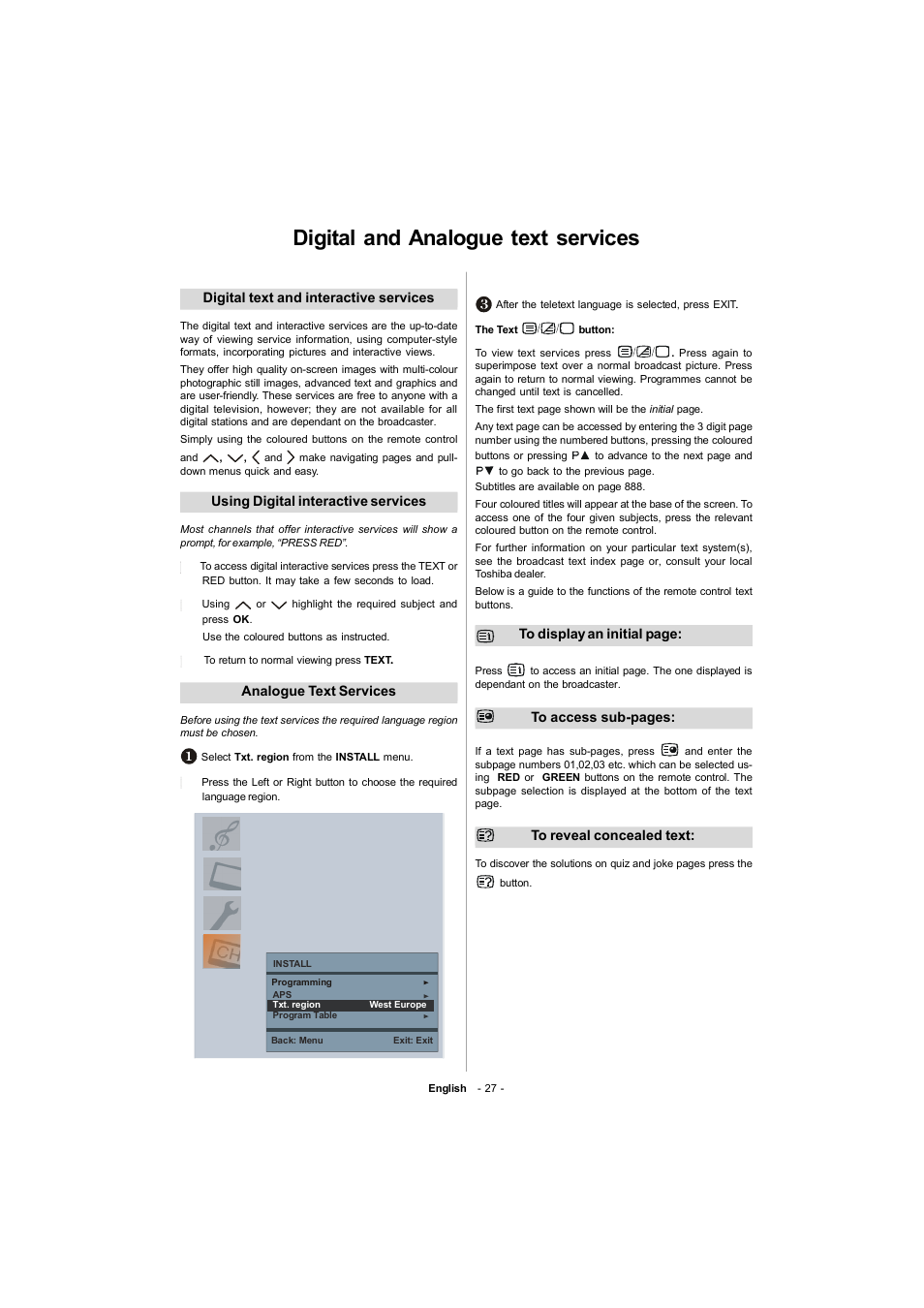 Digital and analogue text services | Toshiba 19W330DB User Manual | Page 28 / 35