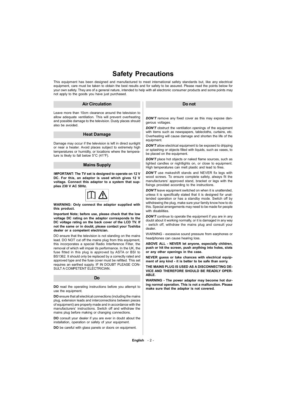 Safety precautions | Toshiba 19W330DB User Manual | Page 3 / 35