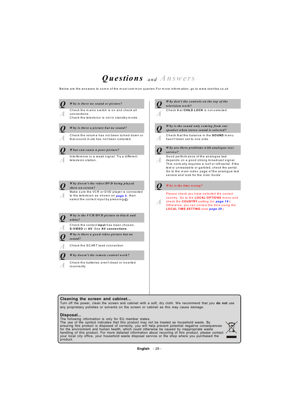 Q ue stio ns, A nsw e rs | Toshiba 19W330DB User Manual | Page 30 / 35