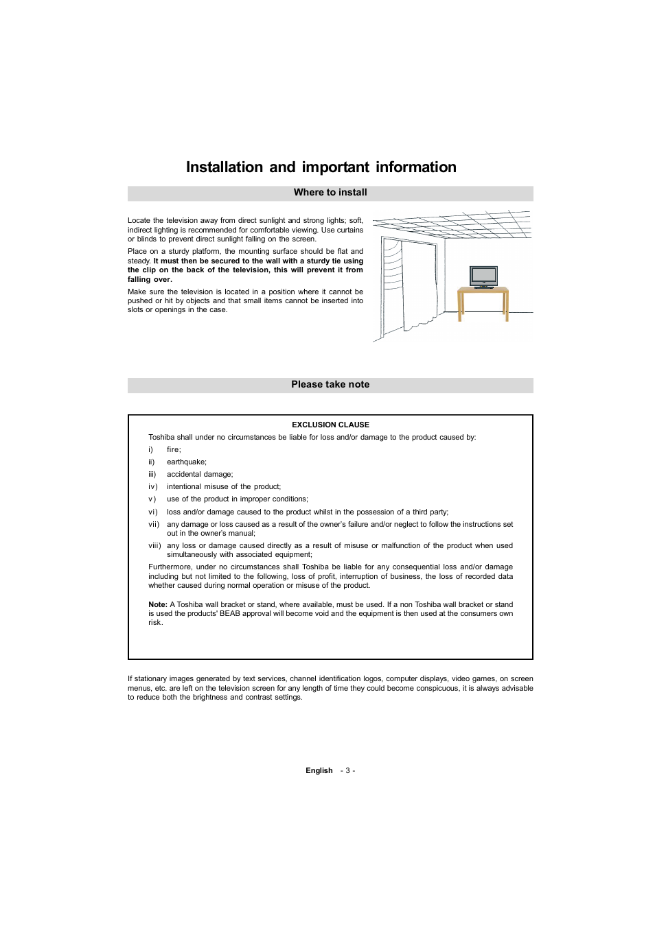 Installation and important information | Toshiba 19W330DB User Manual | Page 4 / 35