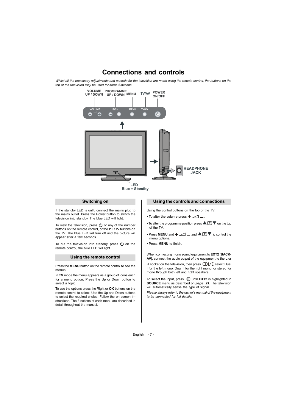 Connections and controls | Toshiba 19W330DB User Manual | Page 8 / 35