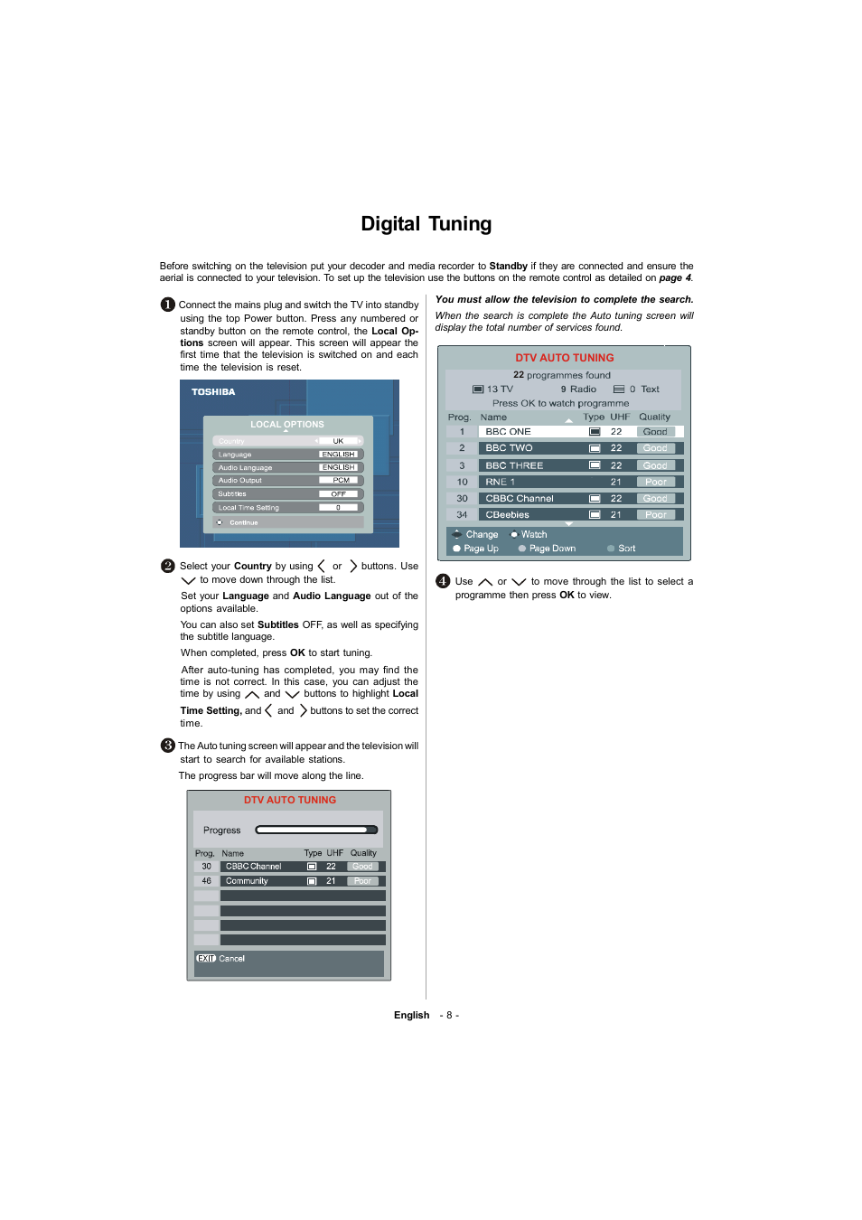 Digital tuning | Toshiba 19W330DB User Manual | Page 9 / 35