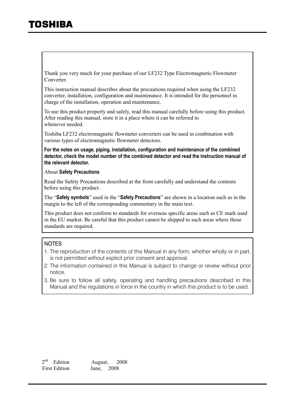 Notice | Toshiba Tohsiba Electromagnetic Flowmeter Converter L5232 User Manual | Page 2 / 174