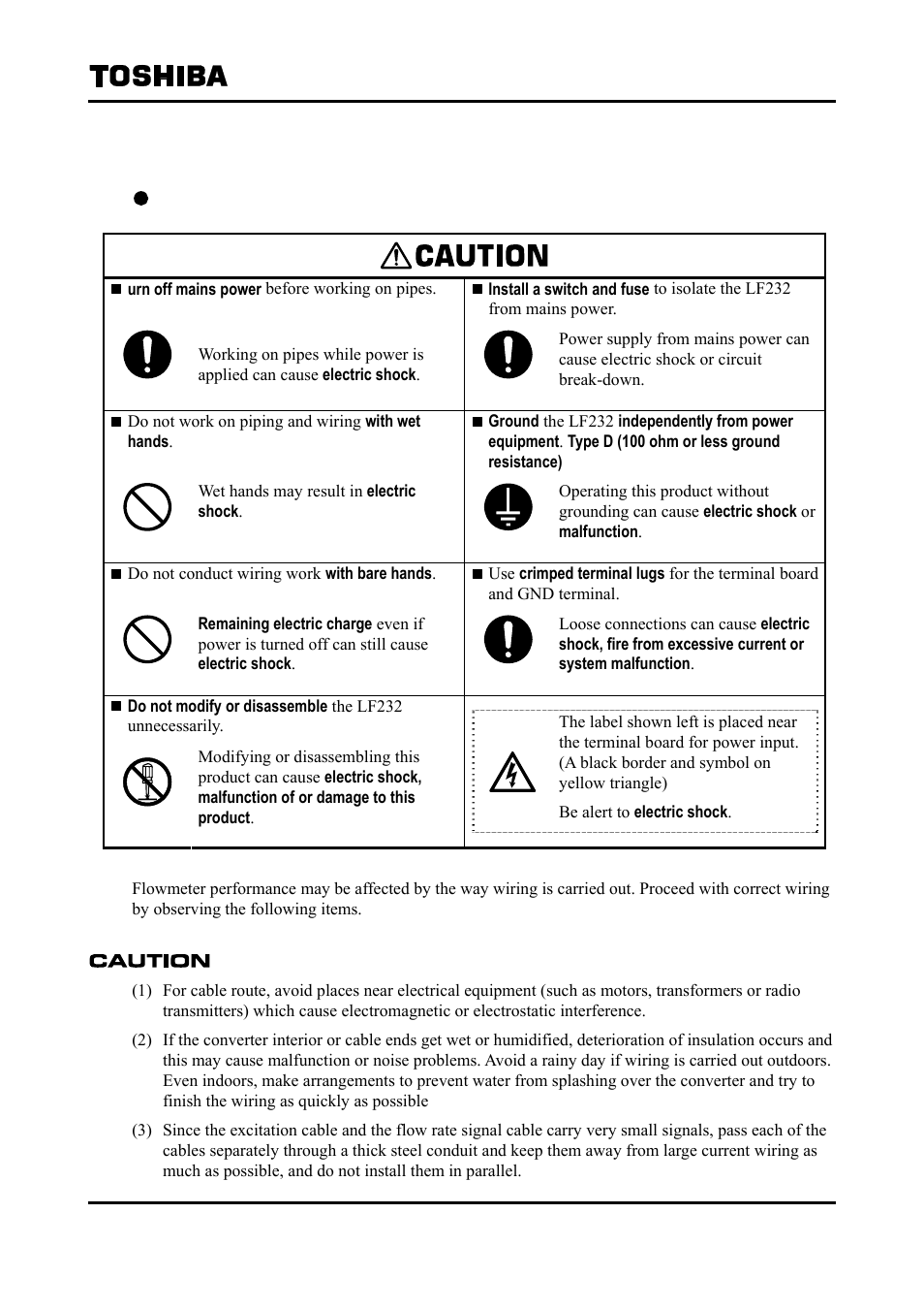 Wiring | Toshiba Tohsiba Electromagnetic Flowmeter Converter L5232 User Manual | Page 20 / 174