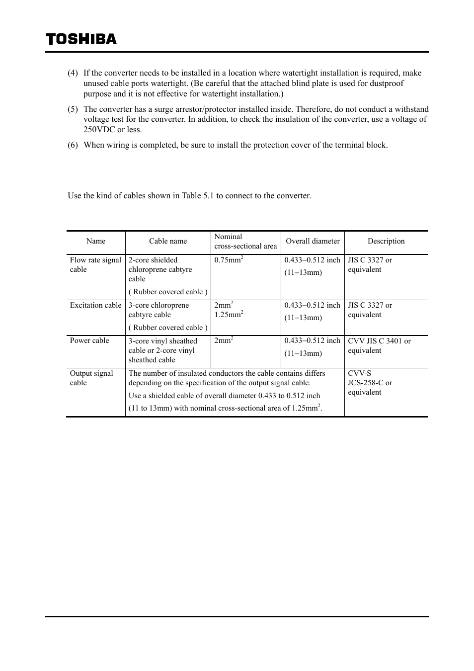 1 installation cables | Toshiba Tohsiba Electromagnetic Flowmeter Converter L5232 User Manual | Page 21 / 174