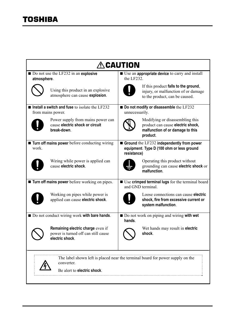 Safety precautions | Toshiba Tohsiba Electromagnetic Flowmeter Converter L5232 User Manual | Page 4 / 174