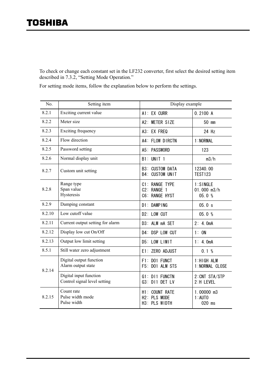 Parameter settings / adjustment, 1 parameter setting items | Toshiba Tohsiba Electromagnetic Flowmeter Converter L5232 User Manual | Page 56 / 174