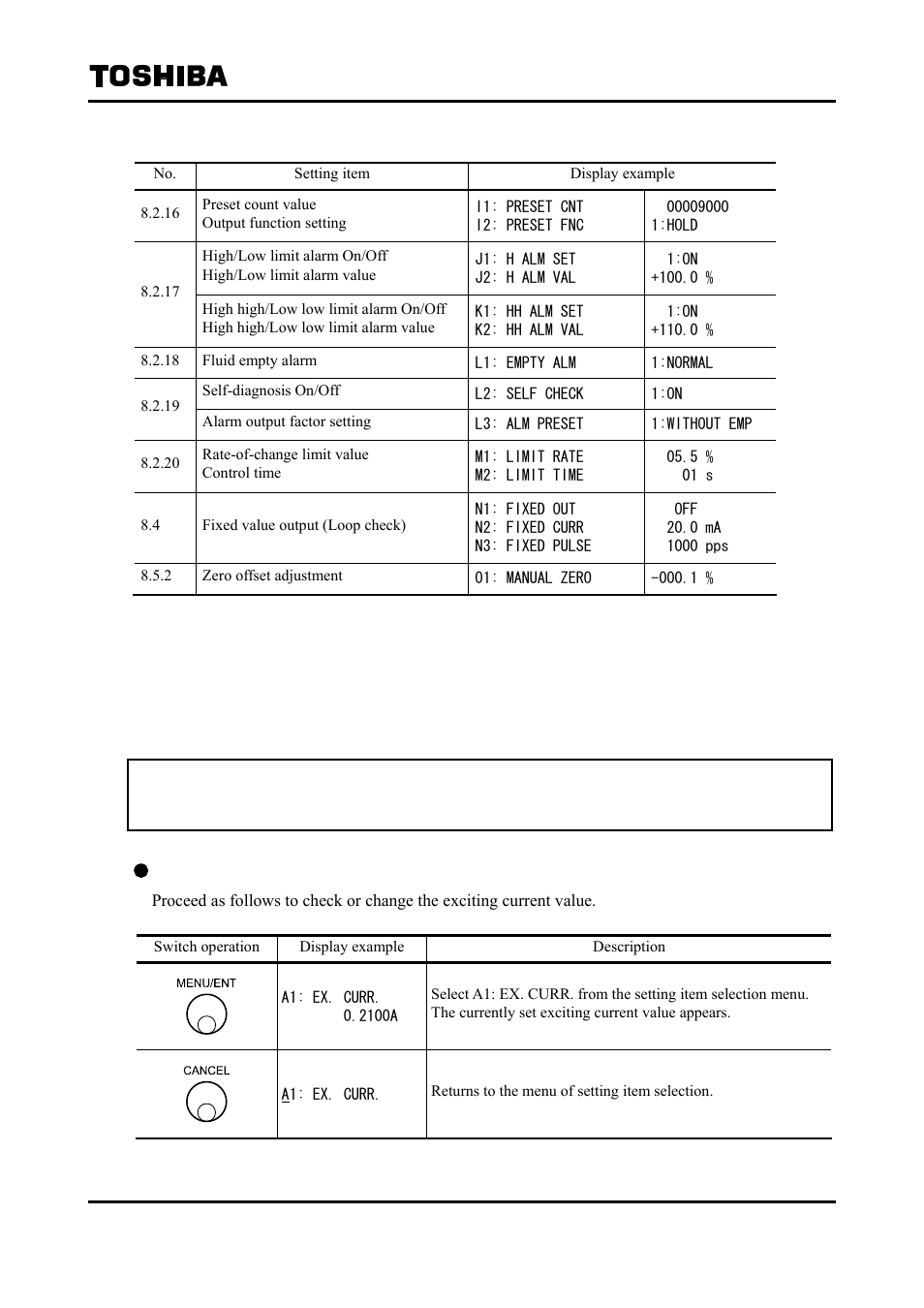 2 parameters check / change, 1 exciting current value | Toshiba Tohsiba Electromagnetic Flowmeter Converter L5232 User Manual | Page 57 / 174