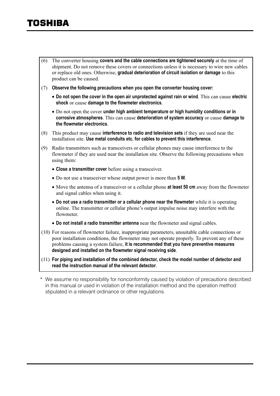 Handling precautions | Toshiba Tohsiba Electromagnetic Flowmeter Converter L5232 User Manual | Page 7 / 174