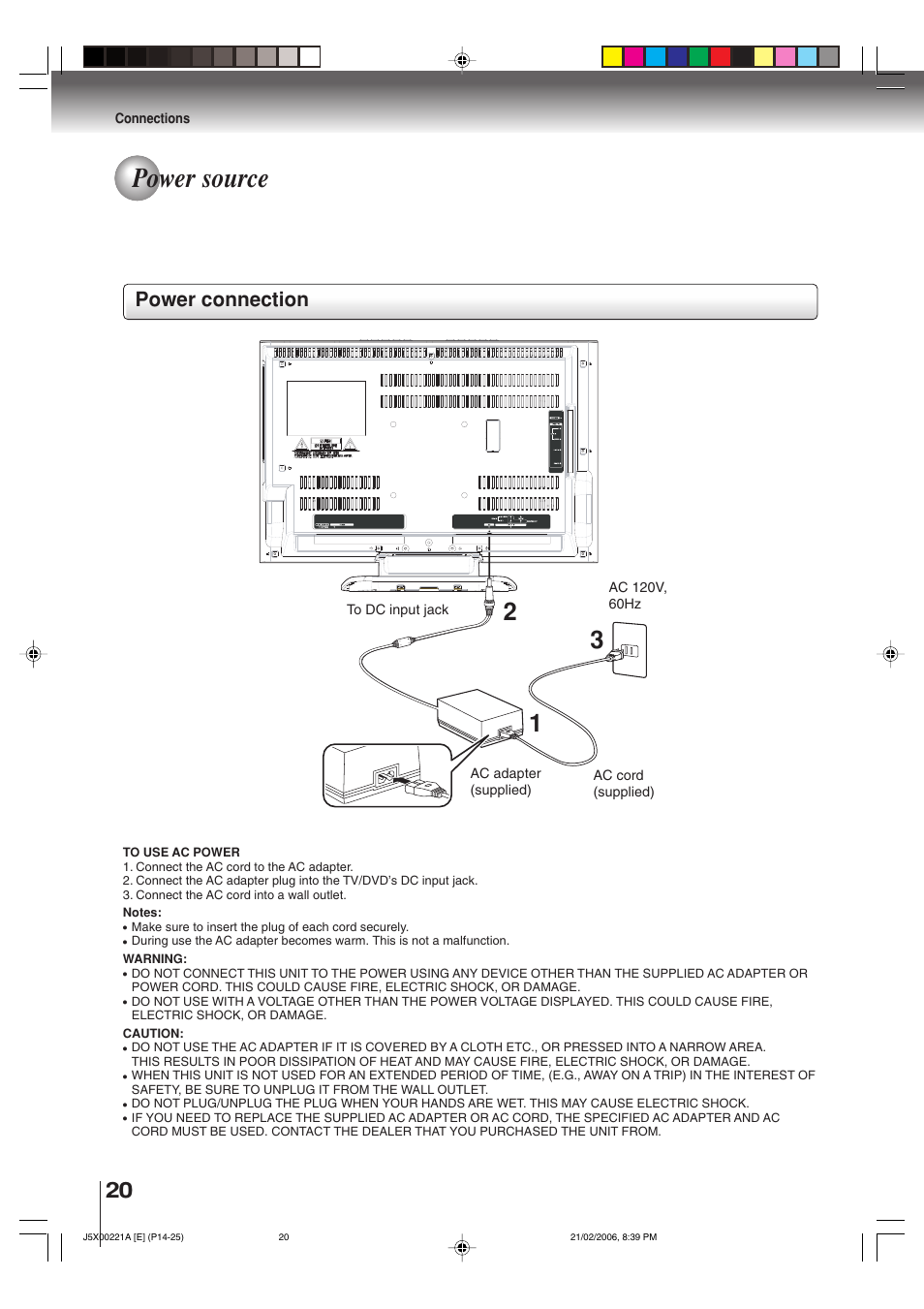 Power source, Power connection | Toshiba 15DLV76 User Manual | Page 20 / 60