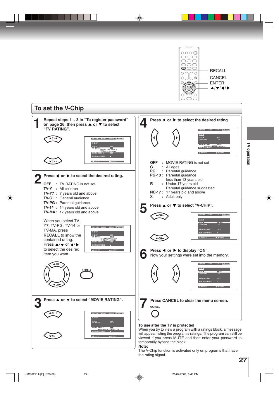 Tv operation, Enter recall, Cancel | Toshiba 15DLV76 User Manual | Page 27 / 60