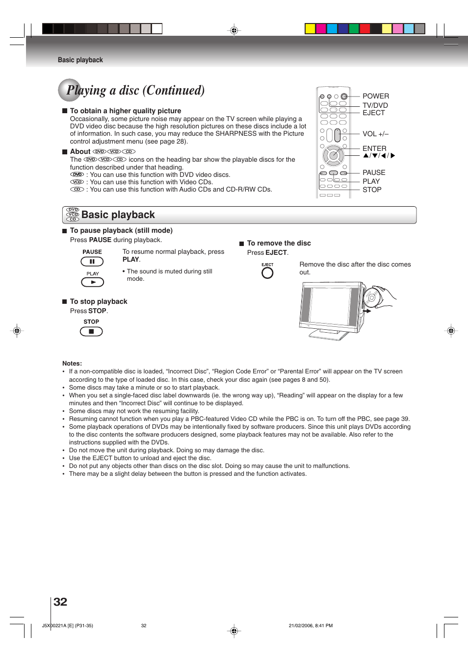 Playing a disc (continued), Basic playback | Toshiba 15DLV76 User Manual | Page 32 / 60