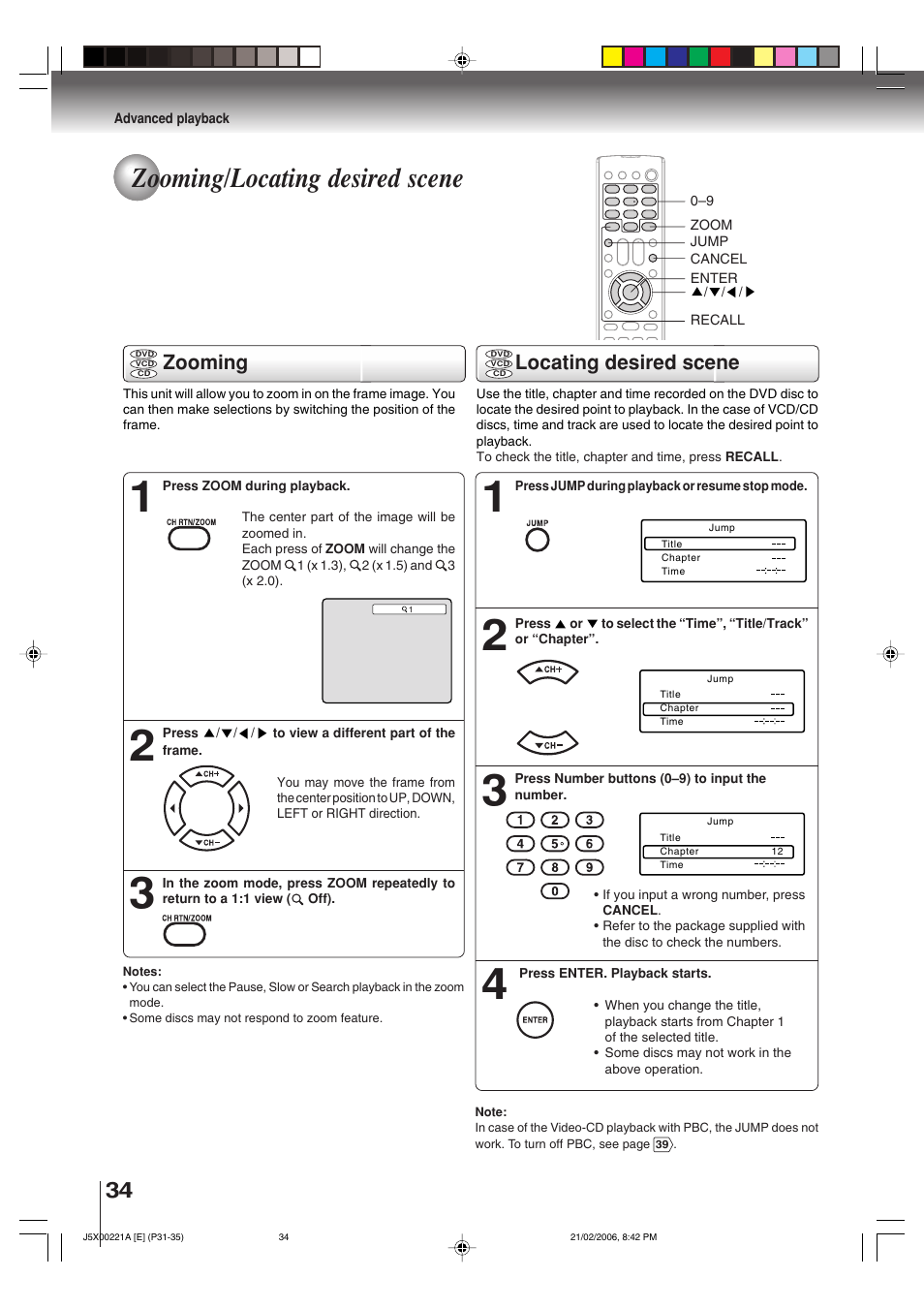 Zooming/locating desired scene, Zooming, Locating desired scene | Toshiba 15DLV76 User Manual | Page 34 / 60