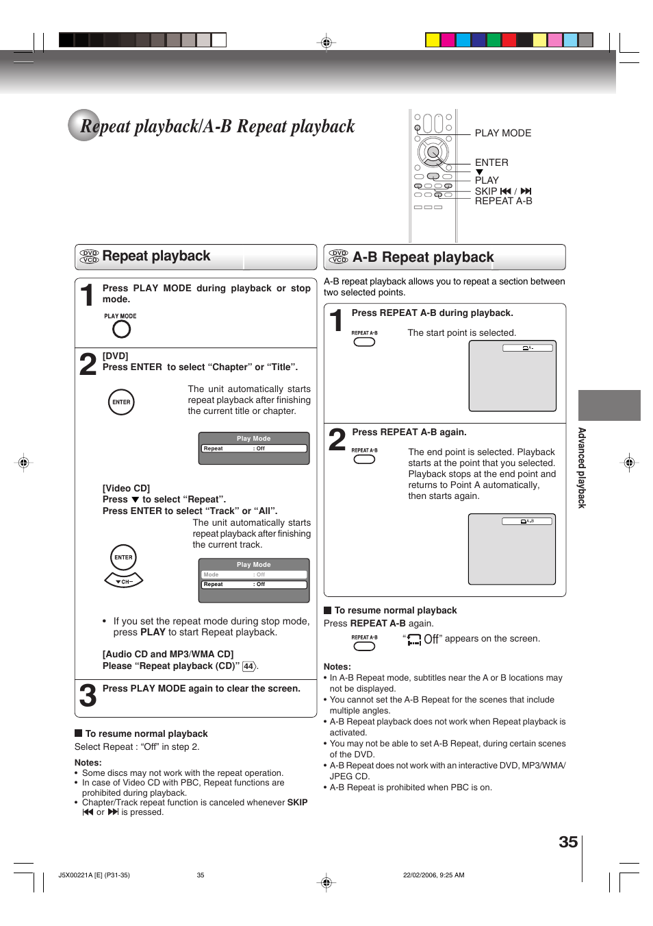 Repeat playback/a-b repeat playback, A-b repeat playback repeat playback | Toshiba 15DLV76 User Manual | Page 35 / 60