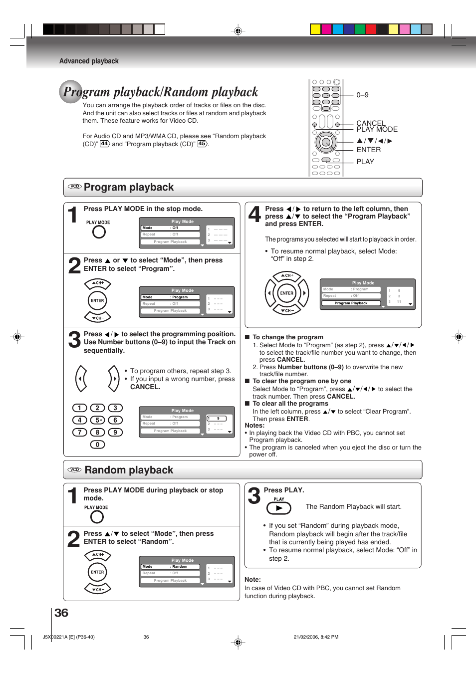 Program playback/random playback, Program playback, Random playback | Toshiba 15DLV76 User Manual | Page 36 / 60