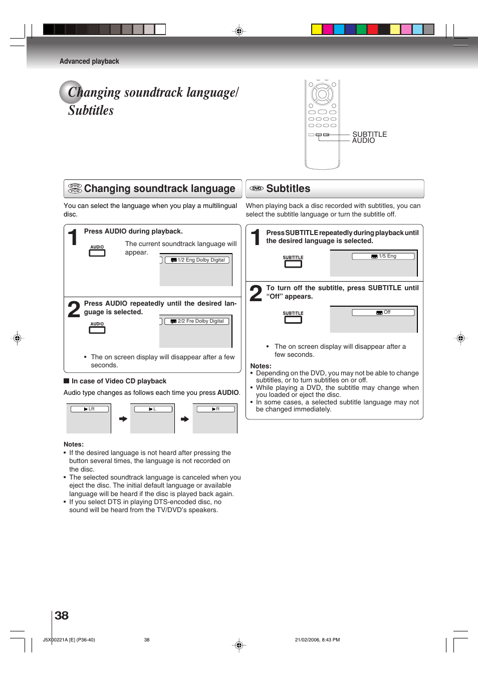 Changing soundtrack language/ subtitles, Subtitles, Changing soundtrack language | Toshiba 15DLV76 User Manual | Page 38 / 60