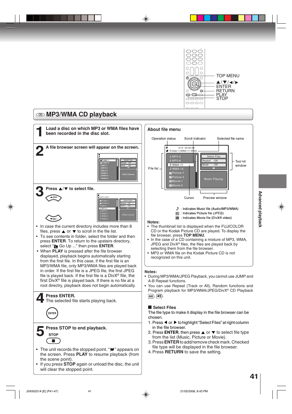 Mp3/wma cd playback | Toshiba 15DLV76 User Manual | Page 41 / 60