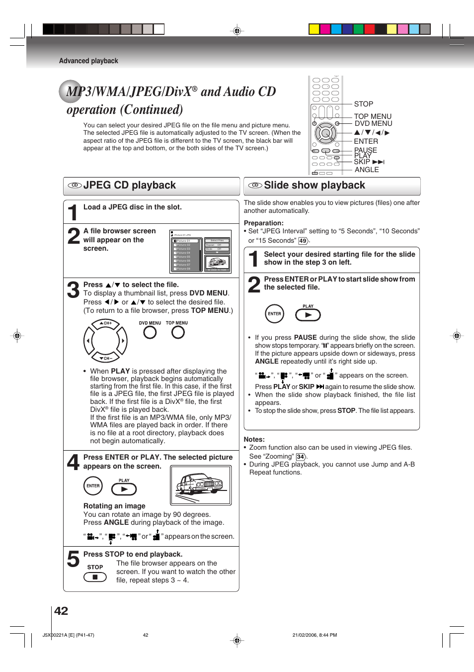 Mp3/wma/jpeg/divx, And audio cd operation (continued), Jpeg cd playback | Slide show playback | Toshiba 15DLV76 User Manual | Page 42 / 60