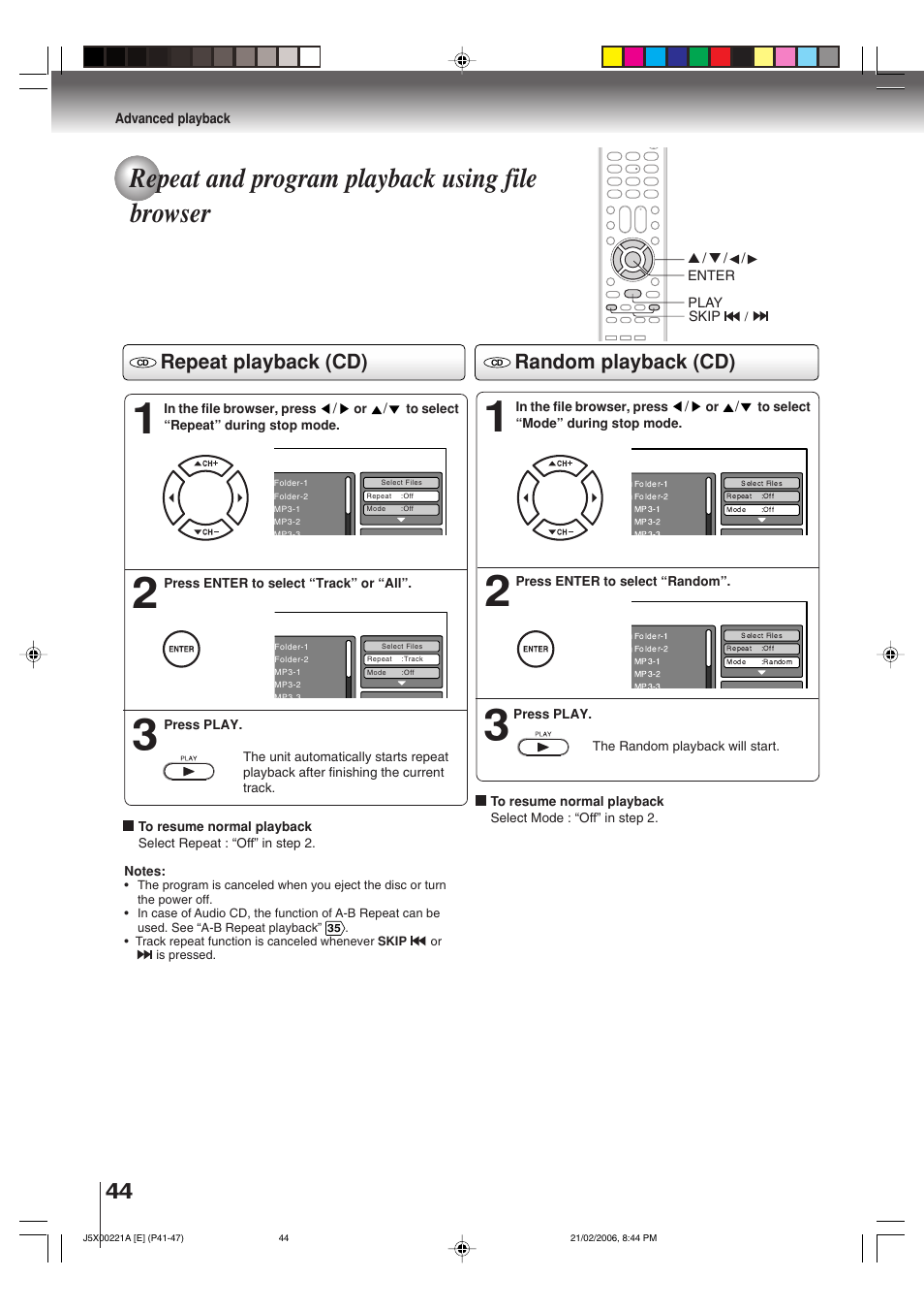 Repeat and program playback using file browser, Repeat playback (cd), Random playback (cd) | Toshiba 15DLV76 User Manual | Page 44 / 60