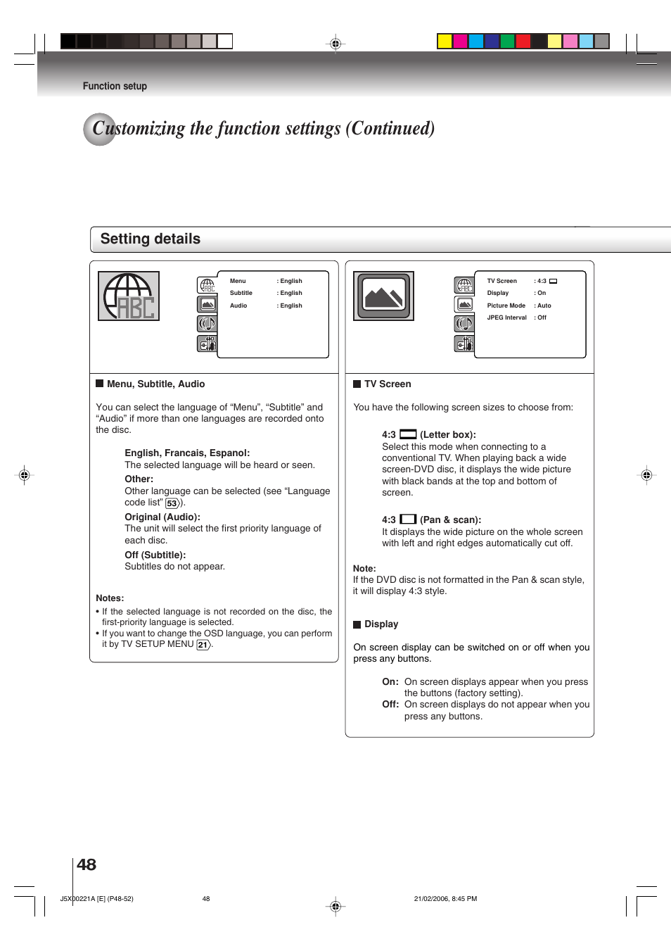 Customizing the function settings (continued), Setting details, Function setup | Toshiba 15DLV76 User Manual | Page 48 / 60