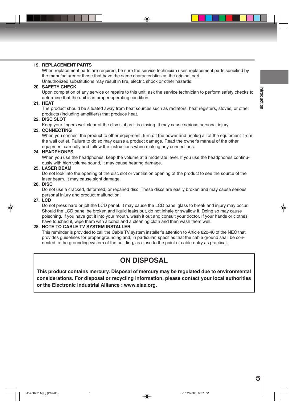 On disposal | Toshiba 15DLV76 User Manual | Page 5 / 60