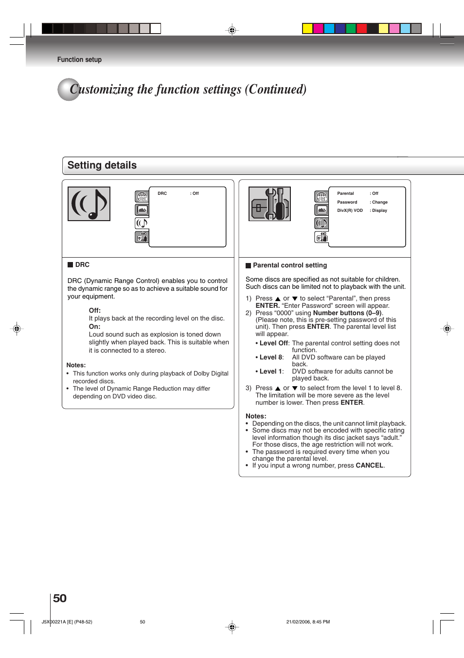 Customizing the function settings (continued), Setting details, Function setup | Toshiba 15DLV76 User Manual | Page 50 / 60