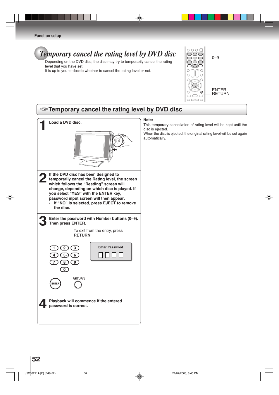 Temporary cancel the rating level by dvd disc | Toshiba 15DLV76 User Manual | Page 52 / 60