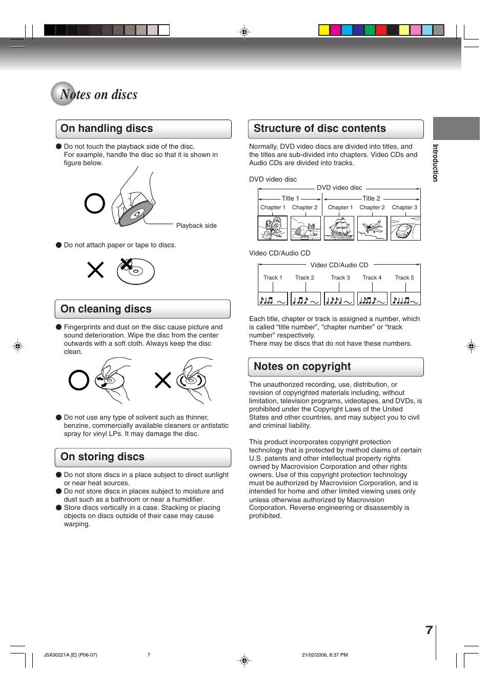 Structure of disc contents, On handling discs, On cleaning discs | On storing discs | Toshiba 15DLV76 User Manual | Page 7 / 60