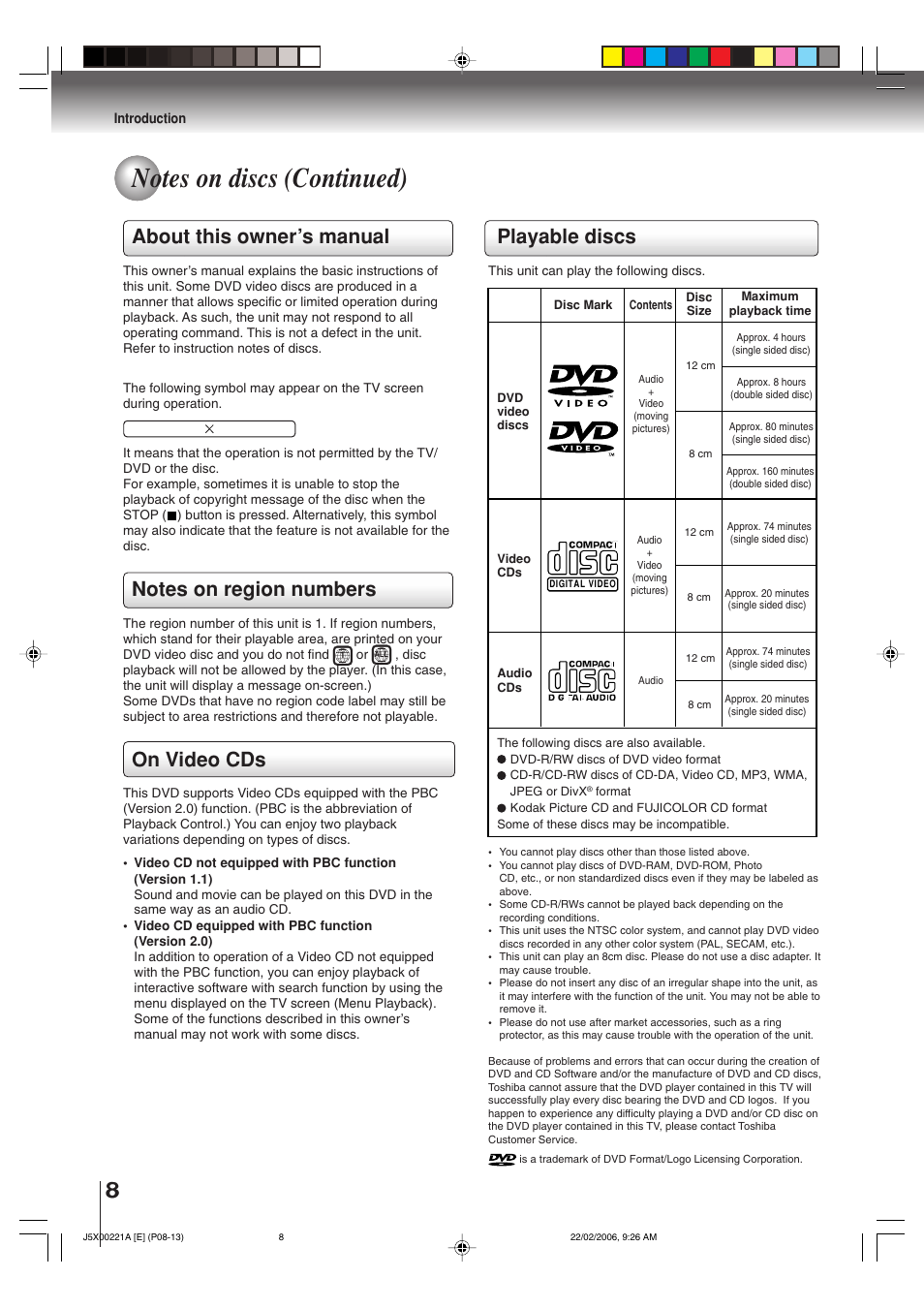Playable discs, About this owner’s manual, On video cds | Toshiba 15DLV76 User Manual | Page 8 / 60